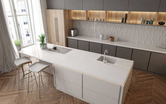 Modern house interior with kitchen. 3D Render	