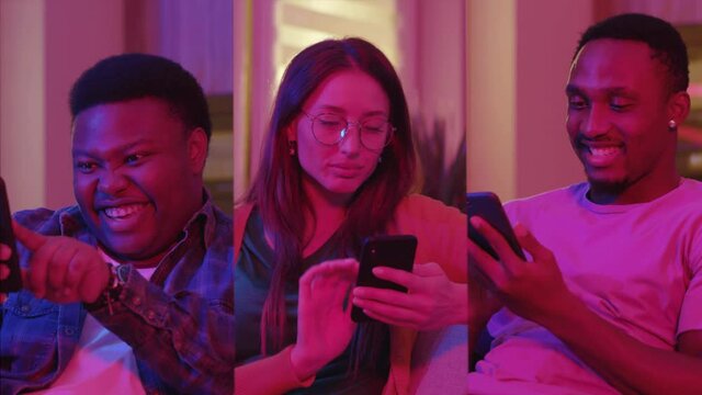 Portrait of multiscreen group beautiful people at home in neon light illumination use phone. African ethnicity. Having fun. Technology indoor. Slow motion