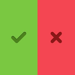 Obraz premium Check and wrong marks, Tick and cross marks, Accepted/Rejected, Approved/Disapproved, Yes/No, Right/Wrong, Green/Red, Correct/False, Ok/Not Ok - vector mark symbols in green and red. Isolated icon.