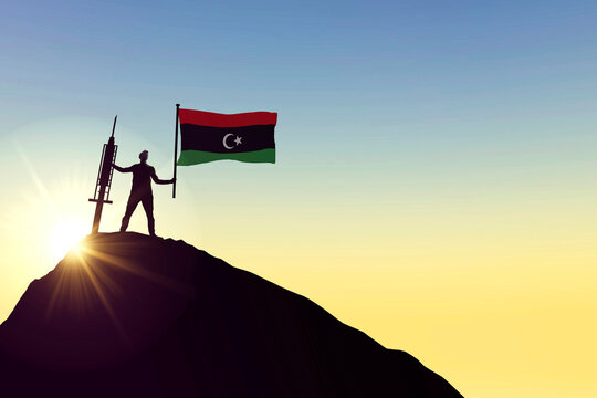 Libya vaccine. Silhouette of person with flag and syringe. 3D Rendering