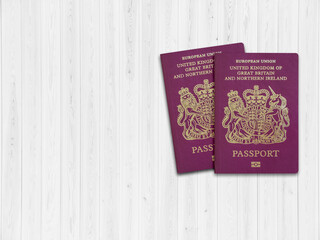 United Kingdom Passports on Wood Lines Background Banner with Copy Space