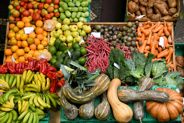 Fruit and vegetables on display in a market stall. No people.