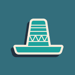 Green Traditional mexican sombrero hat icon isolated on green background. Long shadow style. Vector.