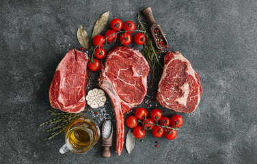 Fresh raw Prime Black Angus beef steaks. Variety of raw beef meat steaks for grilling.