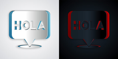 Paper cut Hola icon isolated on grey and black background. Paper art style. Vector. © vector_v