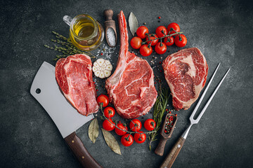 Fresh raw Prime Black Angus beef steaks. Variety of raw beef meat steaks for grilling.