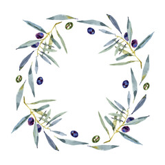 Watercolor olive branch wreath. Hand drawn natural frame.