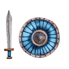 Viking arms set. Cute cartoon style of art. Viking axe, spear and shield. Viking party decoration. Ancient scandinavian traditional items. Illustrations for card and print.