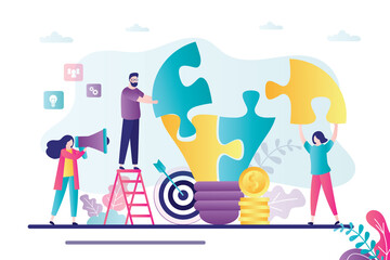 Business teamwork, concept banner. Businesspeople holds puzzle parts. Huge idea bulb, brainstorming. Creative employees