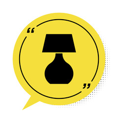 Black Table lamp icon isolated on white background. Desk lamp. Yellow speech bubble symbol. Vector.