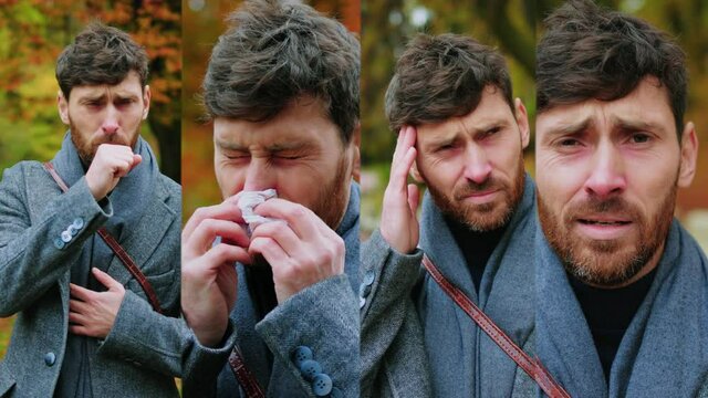 Multiscreen group portrait sad sick young man stand having headache coughs sneezes look at camera in autumn park. Virus illness infection allergic. Portrait pain. Collage split screen. Slow motion