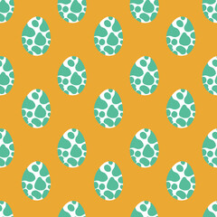 Green and white eggs isolated on yellow seamless pattern vector. Vibrant childish dinosaur eggshells hand drawn illustration. Bright dot pattern with textured eggs for kids apparel, bed linen and more