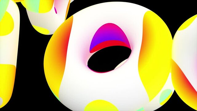 3d video art animation with flying party festive rings donuts or geometry figures as torus in white matte plastic material with glowing multi color stripe on black background