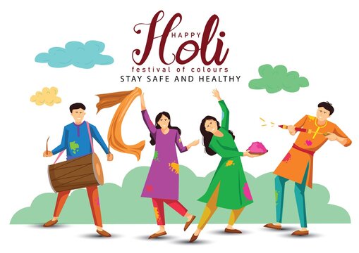 happy Holi. Cartoon Young people Playing Holi On colorful costume . vector illustration design
