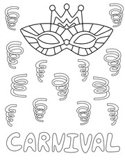 Carnival poster with venetian mask and serpentines stock vector illustration. Funny festival elements vertical black outline isolated on white. Hand drawn carnival coloring page for kids and adults