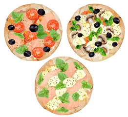 Pizza with different fillings. Tomatoes, mushrooms, salmon, mozzarella cheese and herbs. Vector set of 3.