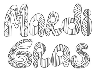 Mardi Gras words zen art white isolated stock vector illustration. Happy Fat Tuesday holiday coloring page for kids and adults. Detailed words ornamental horizontal colouring book page. One of series