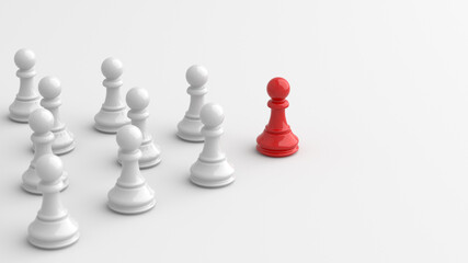 Leadership concept, red pawn of chess, standing out from the crowd of white pawns, on white background with empty copy space. 3D Rendering