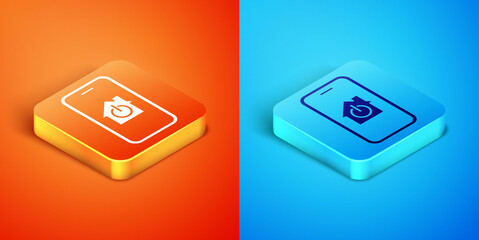 Isometric Mobile phone with smart home icon isolated on orange and blue background. Remote control. Vector.