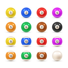Balls for billiards varicolored realistic set. American pool, snooker numbered equipment.