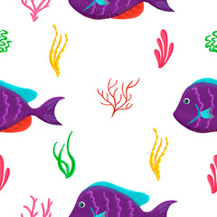 Seamless pattern with colorful cartoon fishes. Hand-drawn cartoon sea elements. Sea life.
