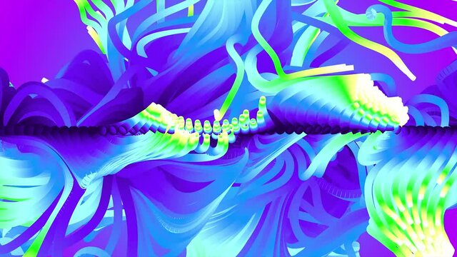 3d render of abstract 3d video animation with surreal field with growing curve curl tentacles or small tubes as hairs in super bright fluorescent blue green purple gradient color on deforming surface