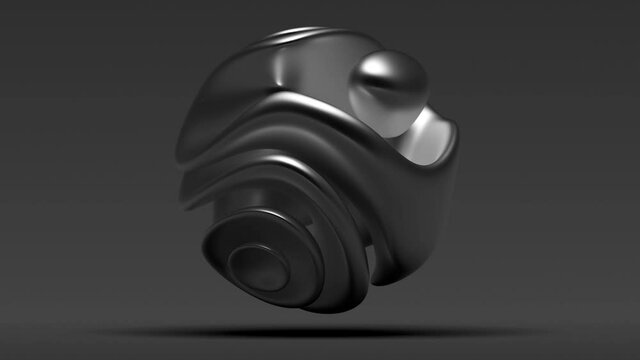 3d render of abstract art with surreal 3d organic alien ball or liquid substance in curve wavy smooth and soft bio forms in matte aluminium metal material with dark parts on grey background