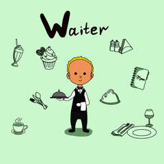 cute alphabet professions for girls. W - waiter