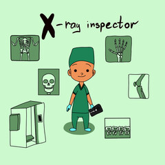 Cute vector alphabet Profession. Letter X - X-Ray Inspector