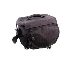 Old black camera bag on white background