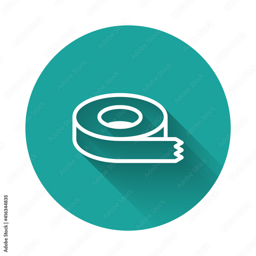 Poster white line scotch tape icon isolated with long shadow background. insulating tape. green circle butt