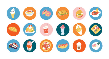 Vector set different round icons for social media stories or avatar template. Tasty food, vocation, beauty.