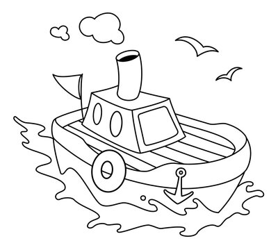 Line Art Children Cartoon Illustration Of A Boat On The Sea.Vector Clipart Isolated On White.