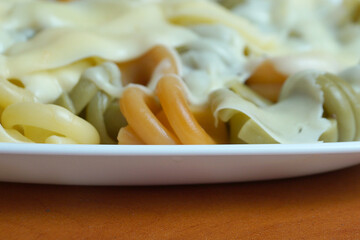 pasta with melted cheese on a white plate close-up