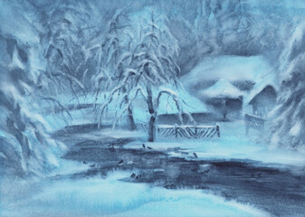 Winter landscape by the river in blue evening watercolor background