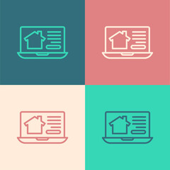 Pop art line Online real estate house on laptop icon isolated on color background. Home loan concept, rent, buy, buying a property. Vector.