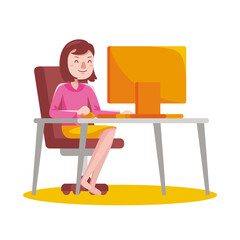 Woman working with computer at home. Vector illustration in flat design.