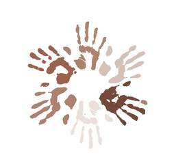 vector set of palm prints of different colors of skin tones pattern arranged in a circle on a white background for posters of unity design. a set of isolated hand silhouettes a palette of different ra