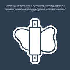 Blue line Rolling pin on dough icon isolated on blue background. Vector.