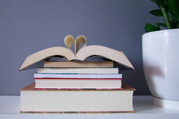 group of reading books forming a tower an the top one ope in the middle where two of its leaves form a heart