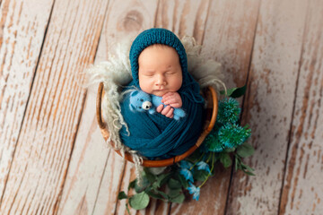 first photo session. newborn child. the child lies swaddled with a toy in his hands. swaddling a newborn