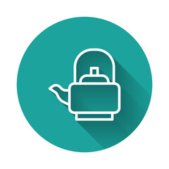 White line Kettle with handle icon isolated with long shadow background. Teapot icon. Green circle button. Vector.