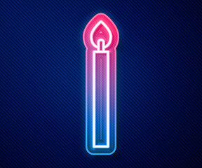 Glowing neon line Burning candle icon isolated on blue background. Cylindrical candle stick with burning flame. Vector.