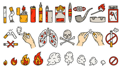 Smoking vector icons set in doodle style, hand drawing. The concept of bad habits with tobacco, lighters and Cigarettes