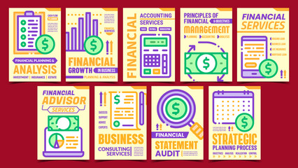 Financial Accounting Promo Posters Set Vector. Finance Advisor And Accounting Services, Strategic Planning Process And Audit Advertising Banners. Concept Template Style Color Illustrations