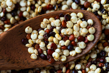 Different quinoa grains  on wooden spoon on yellow background. Modern ingredients background. Copy space