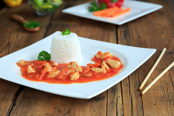 Sweet and sour chicken with rice