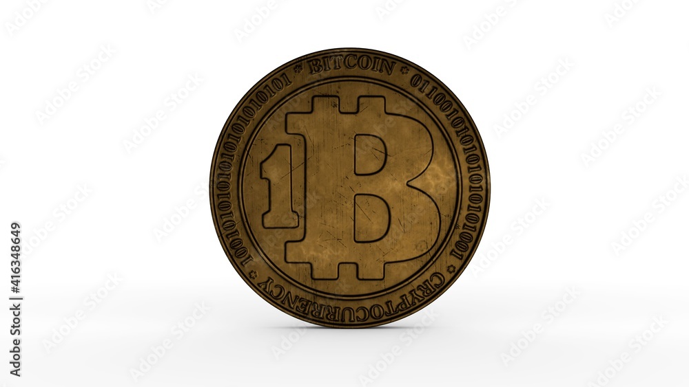 Poster 3d rendering of an old bitcoin cryptocurrency coin isolated on a white background. the coin is cover