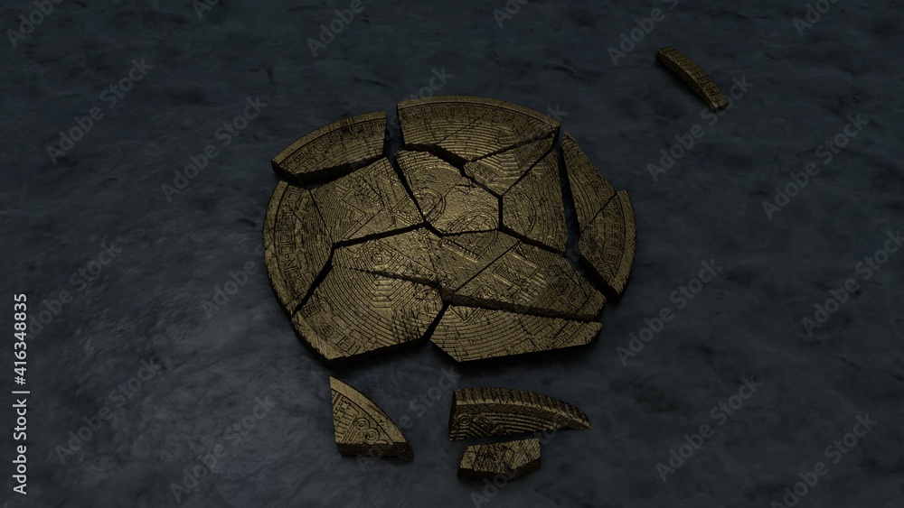 Aufkleber 3d rendering of rusty fragments of the bitcoin coin. the shards were tarnished, showing signs of wea