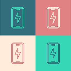 Pop art line Smartphone charging battery icon isolated on color background. Phone with a low battery charge. Vector.